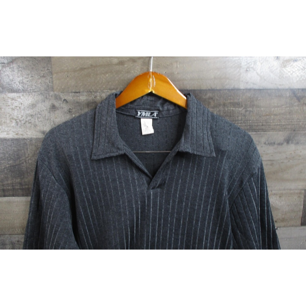 YMLA Polo Shirt Mens Large Gray Ribbed Knit Open Collar Short Sleeve Made USA